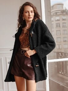 SHEIN Frenchy 落肩袖連帽絨毛牛角扣大衣 - 黑色 - 查看 1