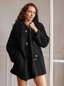 SHEIN Frenchy 落肩袖連帽絨毛牛角扣大衣 - 黑色 - 查看 4