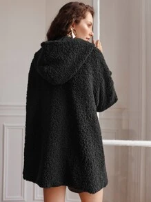 SHEIN Frenchy 落肩袖連帽絨毛牛角扣大衣 - 黑色 - 查看 6
