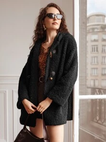 SHEIN Frenchy 落肩袖連帽絨毛牛角扣大衣 - 黑色 - 查看 7