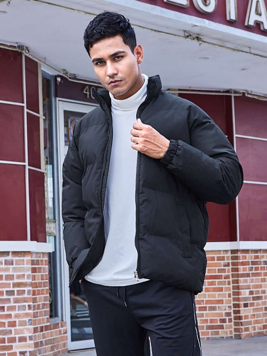 Men Slant Pockets Padded Coat - Black - View 1