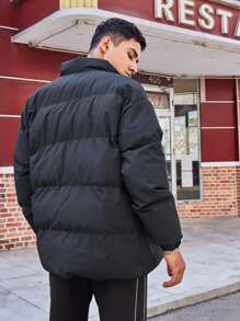 Men Slant Pockets Padded Coat - Black - View 2