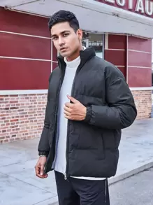 Men Slant Pockets Padded Coat - Black - View 5