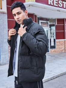 Men Slant Pockets Padded Coat - Black - View 6