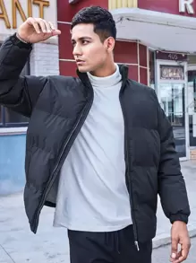 Men Slant Pockets Padded Coat - Black - View 8