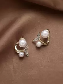 Andkiss Rhinestone Fish Tail & Faux Pearl Decor Earring Jackets - Multicolor - View 2