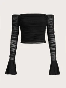 SHEIN ICON Off Shoulder Flounce Sleeve Ruched Mesh Crop Top - Black - View 1