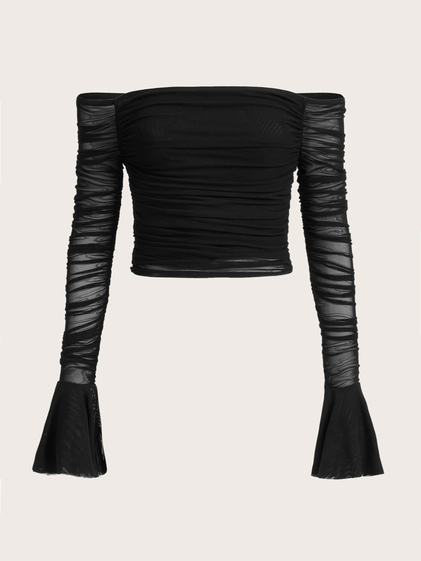 SHEIN ICON Off Shoulder Flounce Sleeve Ruched Mesh Crop Top - Black - View 1