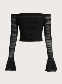 SHEIN ICON Off Shoulder Flounce Sleeve Ruched Mesh Crop Top - Black - View 2