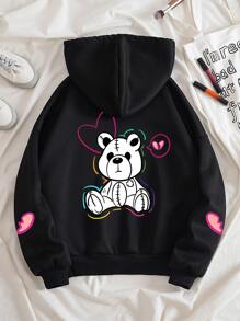 SHEIN Qutie Cartoon Graphic Zip Up Thermal Lined Drawstring Hoodie - Black - View 1