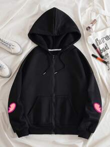 SHEIN Qutie Cartoon Graphic Zip Up Thermal Lined Drawstring Hoodie - Black - View 2