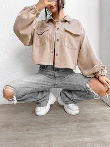 SHEIN LUNE 翻蓋口袋燈籠袖燈芯絨夾克 - 杏色 - 查看 4