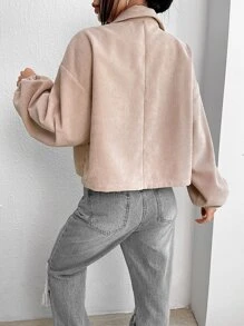 SHEIN LUNE 翻蓋口袋燈籠袖燈芯絨夾克 - 杏色 - 查看 2