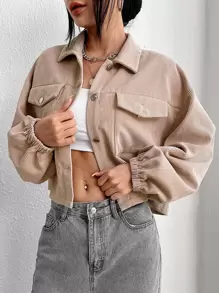 SHEIN LUNE 翻蓋口袋燈籠袖燈芯絨夾克 - 杏色 - 查看 1