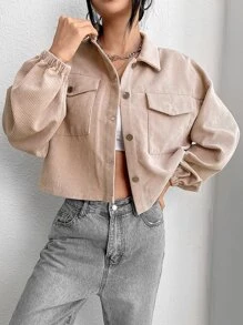 SHEIN LUNE 翻蓋口袋燈籠袖燈芯絨夾克 - 杏色 - 查看 5