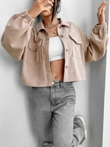 SHEIN LUNE 翻蓋口袋燈籠袖燈芯絨夾克 - 杏色 - 查看 6