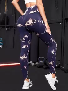 SHEIN Yoga Trendy 紮染寬腰帶運動打底褲 - 彩色 - 查看 1