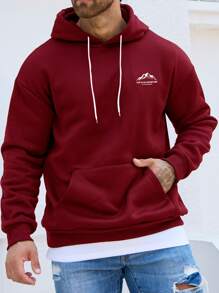 Manfinity Homme 1pc Men's Loose Fit Mountain And Slogan Print Drawstring Hoodie - Burgundy - View 1