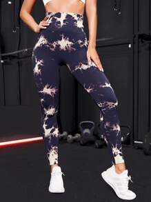 SHEIN Yoga Trendy 紮染寬腰帶運動打底褲 - 彩色 - 查看 3