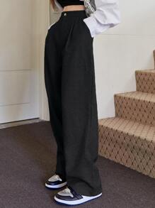 DAZY High Waist Fold Pleated Trousers - Black - View 1