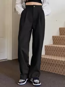 DAZY High Waist Fold Pleated Trousers - Black - View 3