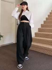 DAZY High Waist Fold Pleated Trousers - Black - View 4