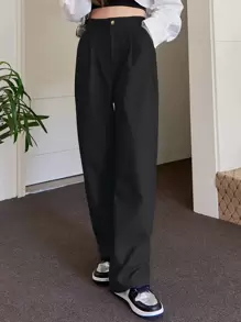 DAZY High Waist Fold Pleated Trousers - Black - View 5