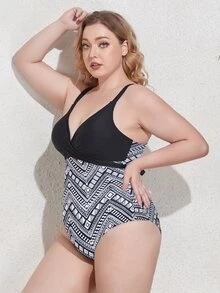 Plus Size Chevron One Piece Swimsuit Summer - Black and White - View 4