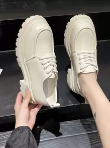 Giày Oxford đế dày dành cho nữ, Giày bệt Mary Jane phong cách Anh, Buộc dây, Màu đen, Xuân/Thu - Màu be - Xem 4