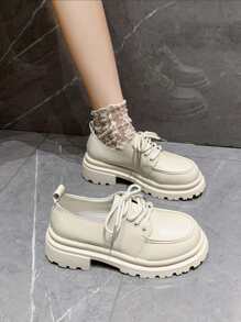 Giày Oxford đế dày dành cho nữ, Giày bệt Mary Jane phong cách Anh, Buộc dây, Màu đen, Xuân/Thu - Màu be - Xem 5