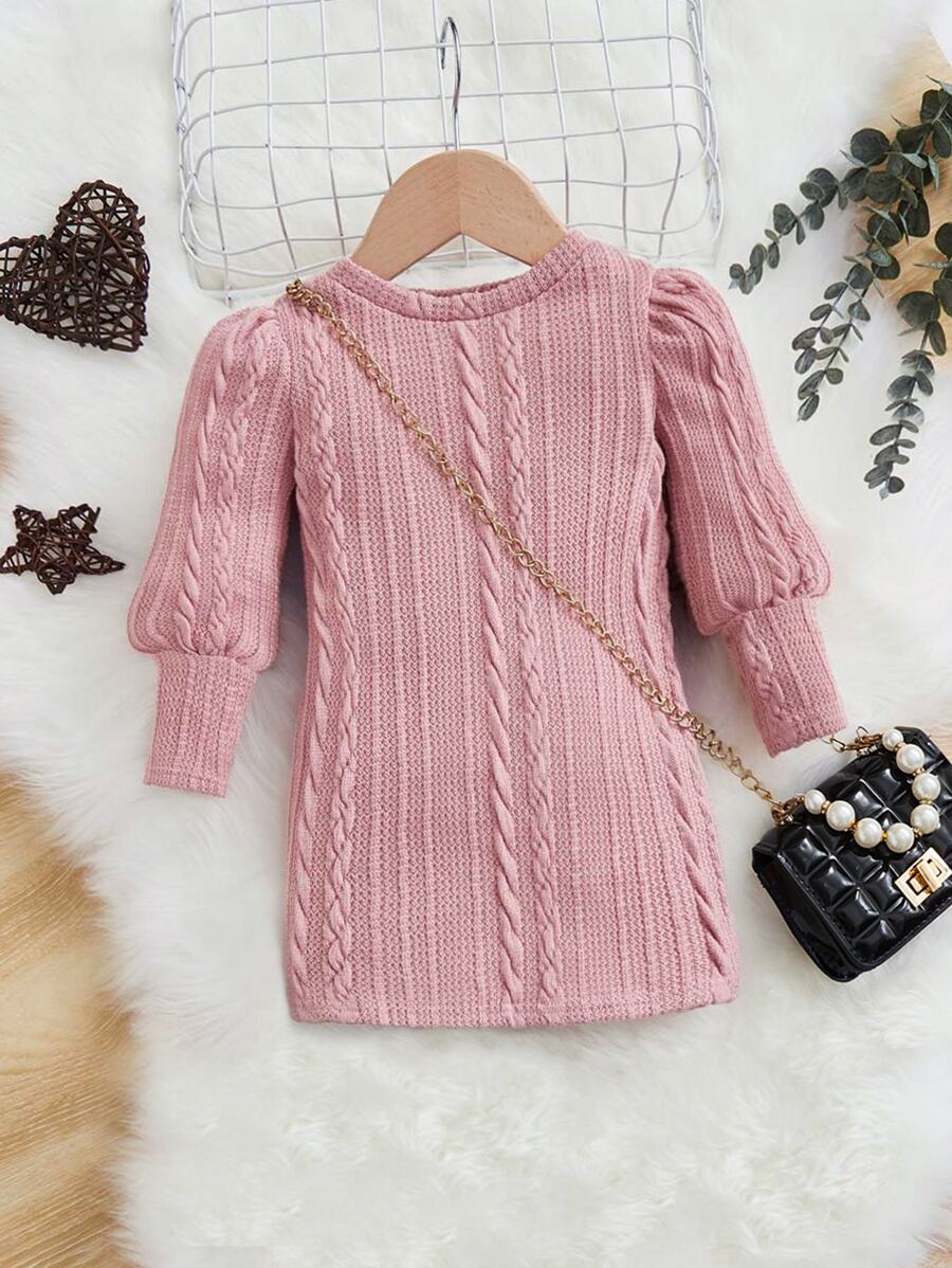 SHEIN Baby Cable Knit Puff Sleeve Tee Dress - Dusty Pink - View 1