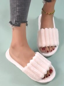 Fall/Winter Women's Fashionable Solid Color Bedroom Slippers, Simple And Fluffy, Beige,Furry Shoes - Beige - View 3