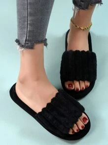 Fall/Winter Women's Black Minimalist Fluffy Bedroom Slippers, Fashionable Open Toe Slippers - Black - View 2