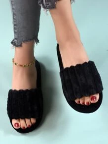 Fall/Winter Women's Black Minimalist Fluffy Bedroom Slippers, Fashionable Open Toe Slippers - Black - View 4