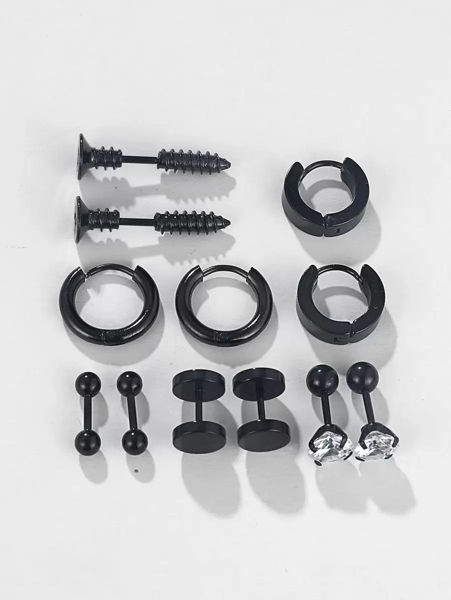Thời trang và phổ biến 6 đôi Bông tai trang trí bằng đá & vít cho nam, Trang sức bằng thép không gỉ để làm quà tặng trang sức và cho vẻ ngoài sành điệu - màu đen - Xem 1
