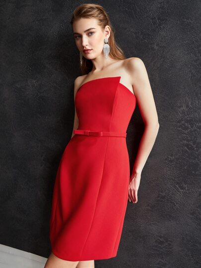 MOTF PREMIUM 蝴蝶結皮帶抹胸禮服連衣裙