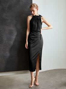 MOTF PREMIUM GLITTER TIE-NECK HALTER TOP - Black - View 4