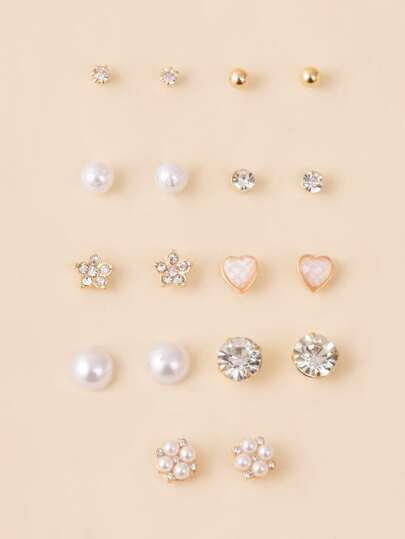 9pairs Rhinestone & Faux Pearl Decor Stud Earrings