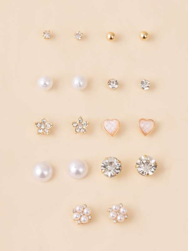 9pairs Rhinestone & Faux Pearl Decor Stud Earrings
