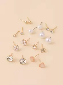 9pairs Rhinestone & Faux Pearl Decor Stud Earrings