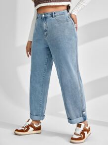 SHEIN EZwear Plus High Waist Straight Leg Jeans - Medium Wash - View 1