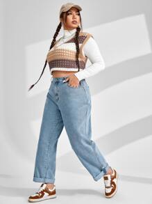 SHEIN EZwear Plus High Waist Straight Leg Jeans - Medium Wash - View 3