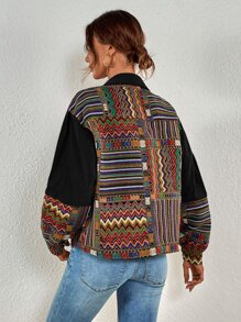 Geometric Jacquard Patchwork Drop Shoulder Corduroy Jacket - Black - View 2