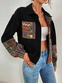 Geometric Jacquard Patchwork Drop Shoulder Corduroy Jacket - Black - View 4