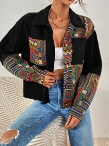 Geometric Jacquard Patchwork Drop Shoulder Corduroy Jacket - Black - View 6