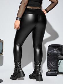 ROMWE PUNK Plus High Waist PU Leather Skinny Trousers - Black - View 2