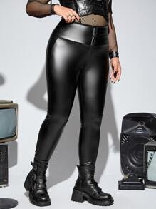 ROMWE PUNK Plus High Waist PU Leather Skinny Trousers - Black - View 5