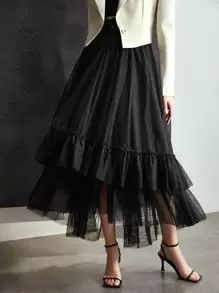 MOTF PREMIUM 網紗多層飄逸下擺腰帶半身裙 - 黑色 - 查看 2