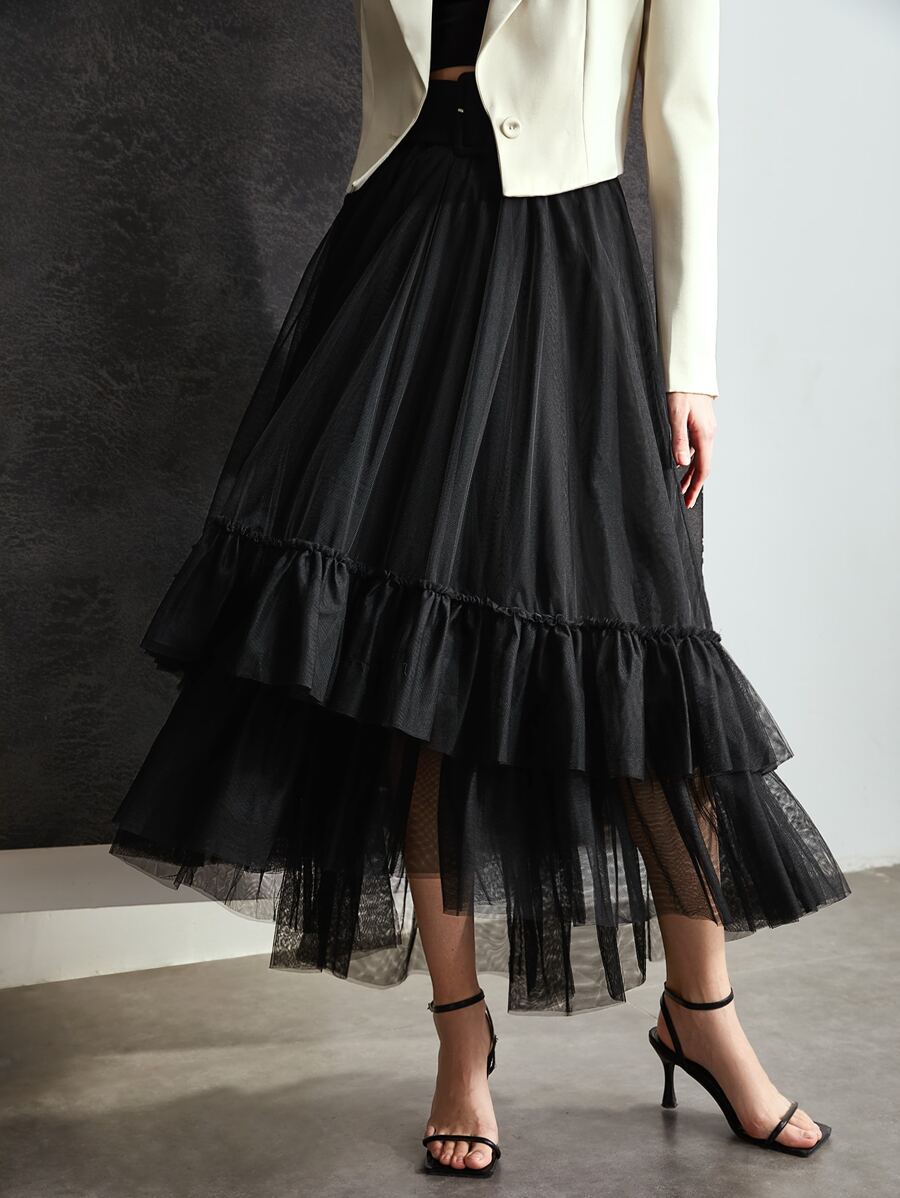 MOTF PREMIUM 網紗多層飄逸下擺腰帶半身裙