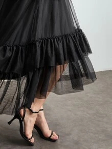 MOTF PREMIUM 網紗多層飄逸下擺腰帶半身裙 - 黑色 - 查看 3